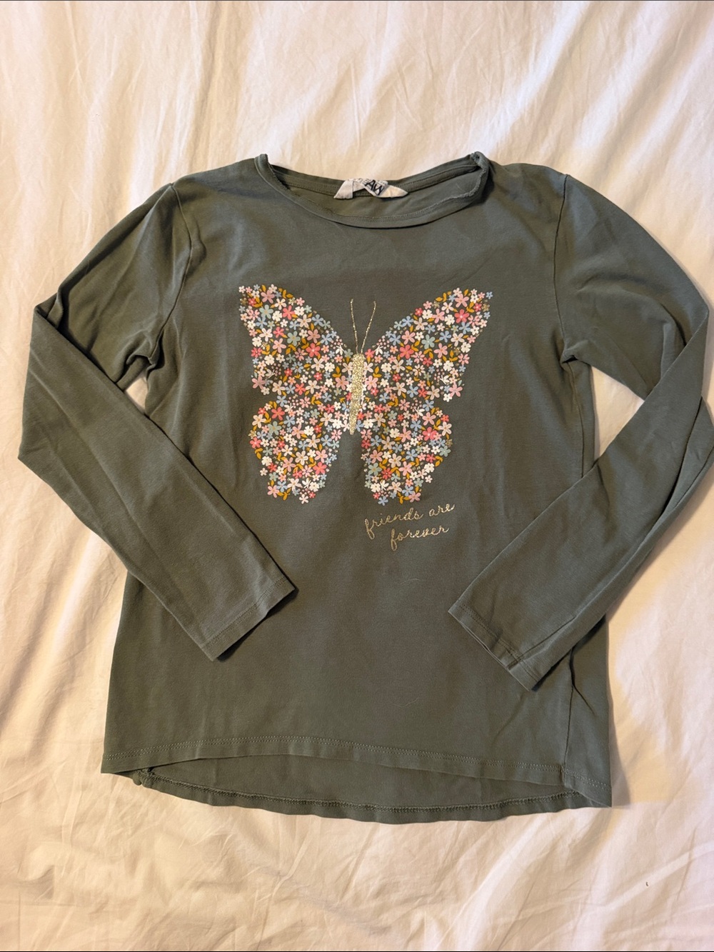 H&M Olive Green Long-Sleeve Top with Floral Butterfly Graphic